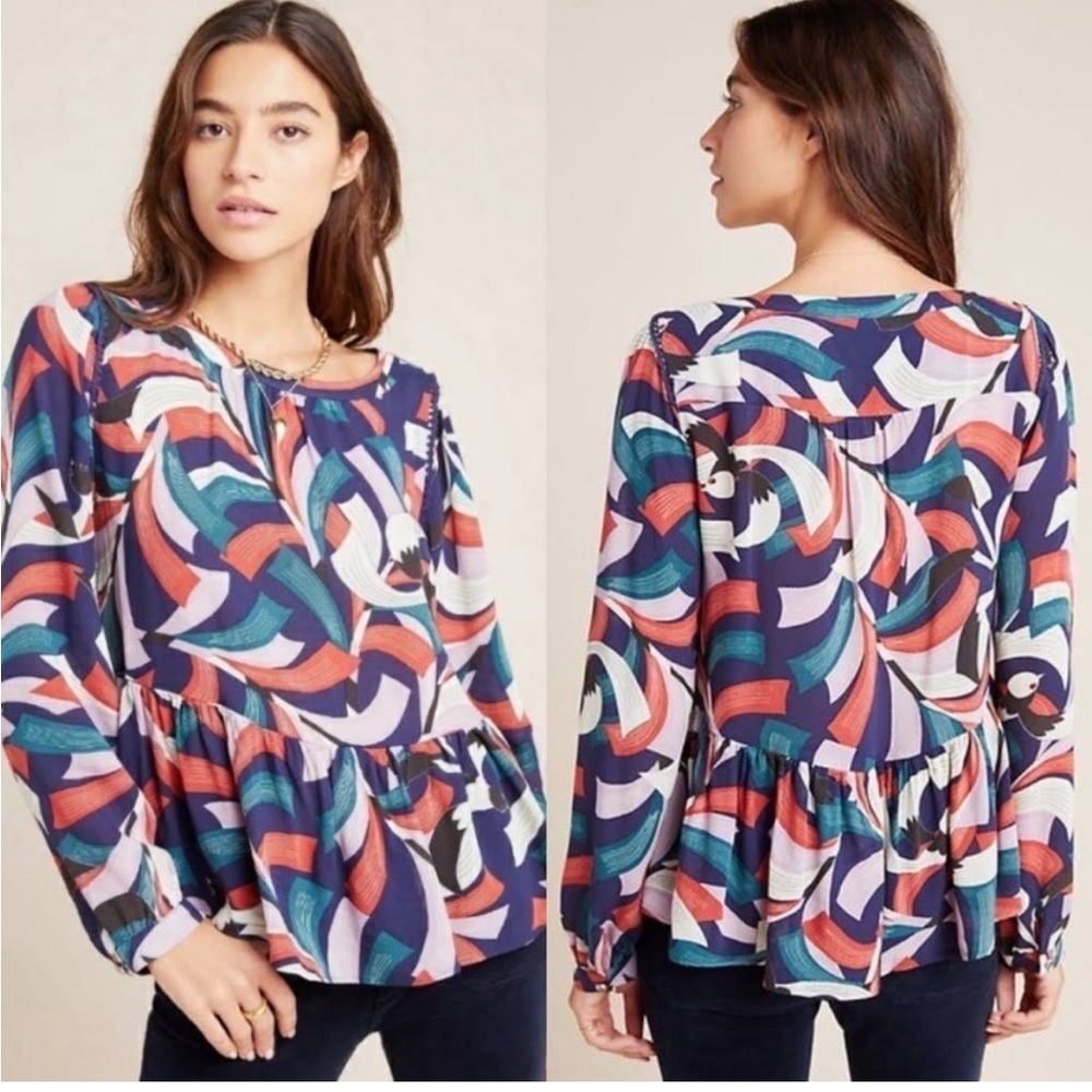 Maeve Abstract Geometeric Blouse Long Sleeve Peplum Pullover XS